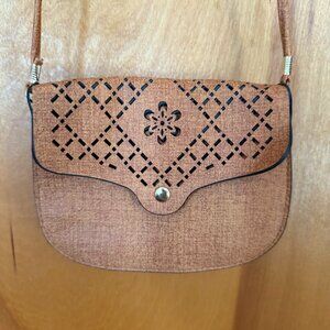 Woven & Laser-Cut Flap Crossbody Bag